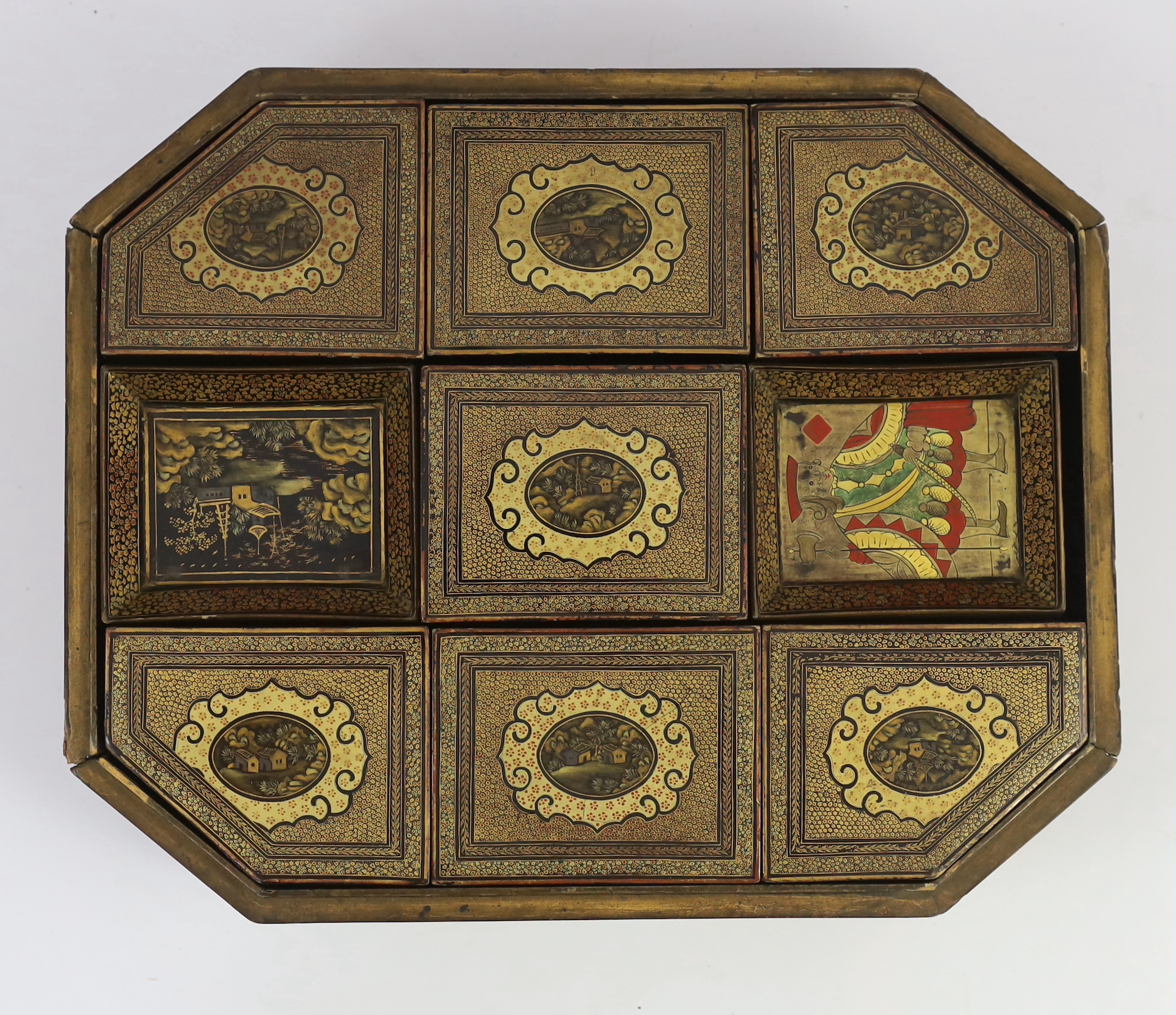 A Chinese gilt decorated black lacquer games box, mid 19th century, slight faults